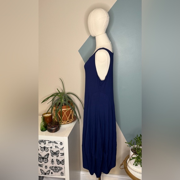 EILEEN FISHER Navy Sleeveless Midi Dress W/ Gathered Hem— Made in USA (L) - Picture 3 of 10